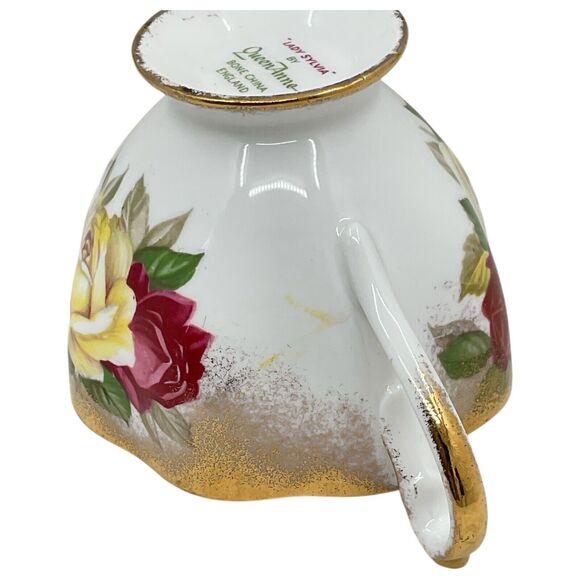 Lady Sylvia Queen Anne Teacup and Saucer Pink Yellow Red Rose Gold Gilt Trim - Picture 7 of 7